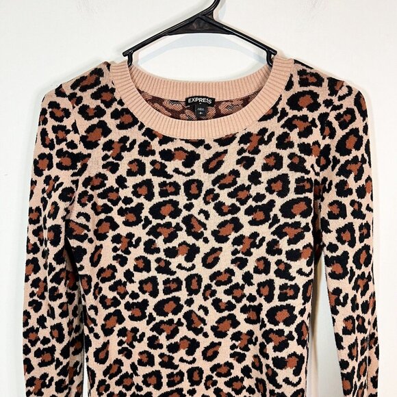 Express Animal Print Sweater S Womens Tan Black Brown Pullover Size Small Petite - Picture 5 of 10